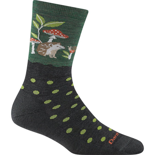Forest Darn Tough Women's Wild Life Crew Lightweight with Cushion socks feature a green upper with a hedgehog and mushrooms, black lower with green dots, and a white background.