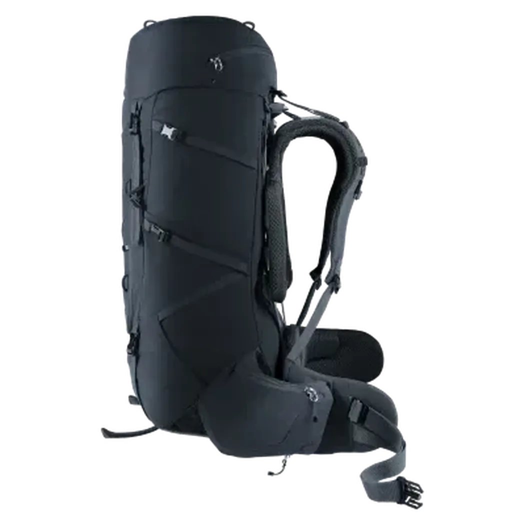 Side view of the Deuter Aircontact Core 50 + 10 black backpack with padded shoulder straps and a white background.