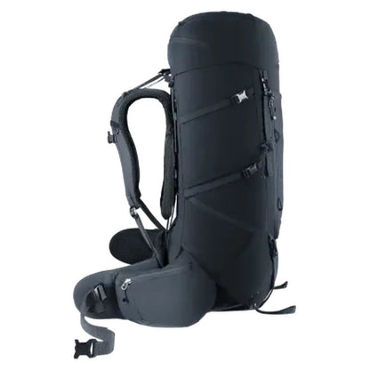 Side view of the Deuter Aircontact Core 50 + 10 black backpack showing the padded shoulder straps and hip belt against a white background.