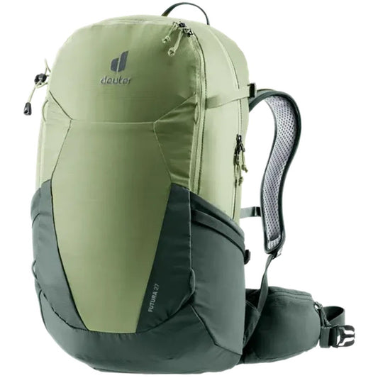 Side view of the Deuter Futura 27 in Graphite Shale showing the mesh shoulder straps against a white background.
