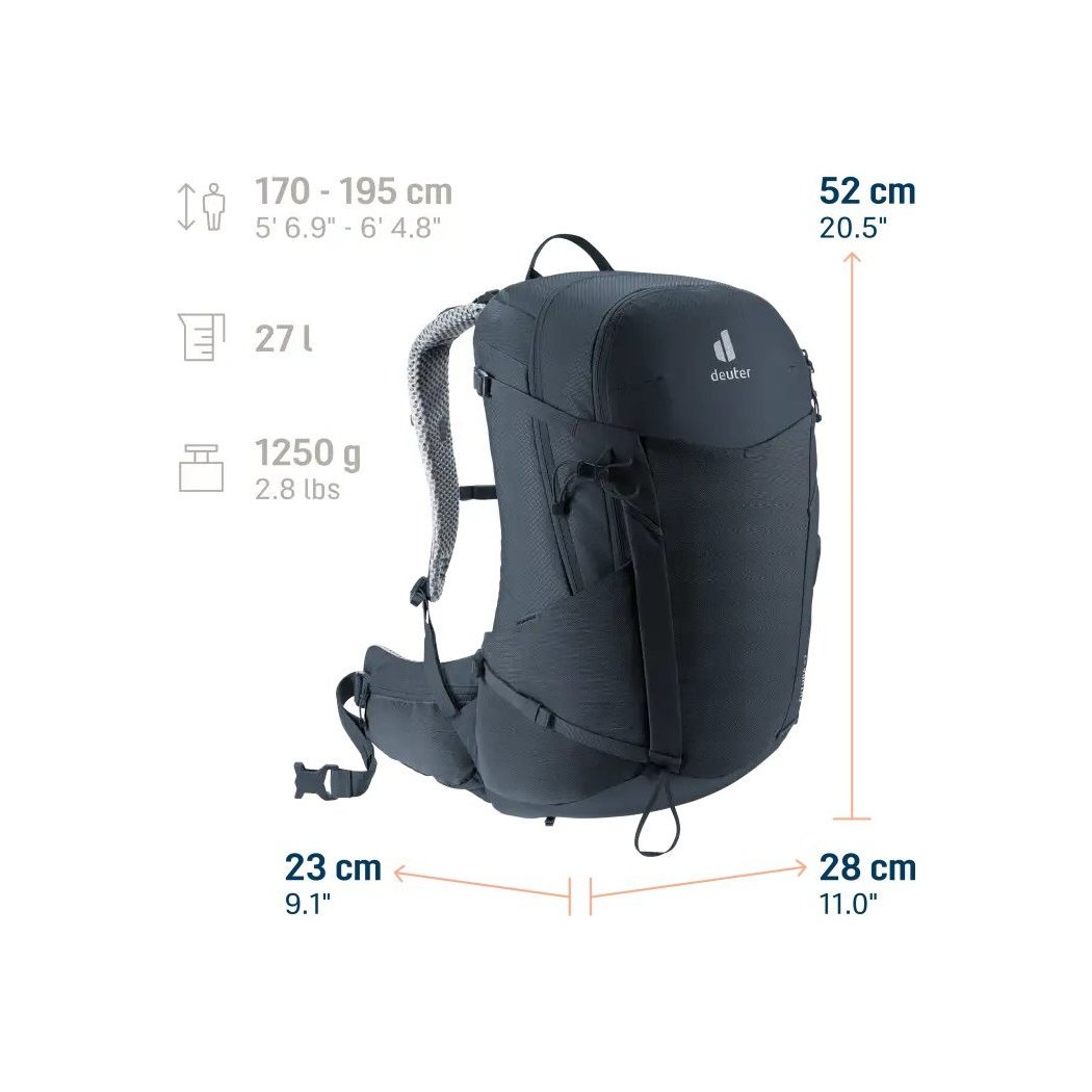 Front view of the Deuter Futura 27 in Black showing its 27L capacity and 52cm height against a white background.