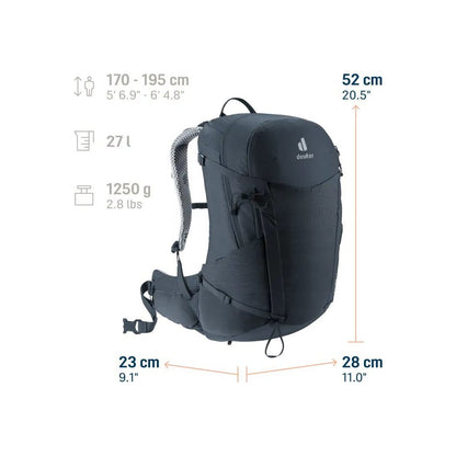 Front view of the Deuter Futura 27 in Black showing its 27L capacity and 52cm height against a white background.