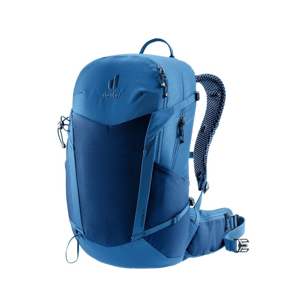 Front view of the Deuter Futura 27 in Black showing the padded shoulder straps and zippered compartments against a white background.