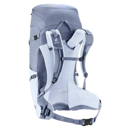 Side view of the Deuter Futura 30 SL in Polar Bluejay showing the breathable mesh back panel and adjustable straps against a white background.