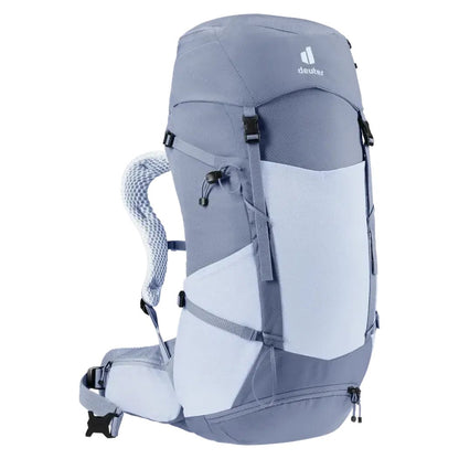 Side view of the Deuter Futura 30 SL backpack in Polar Bluejay showing the padded shoulder straps and white front panel against a white background.
