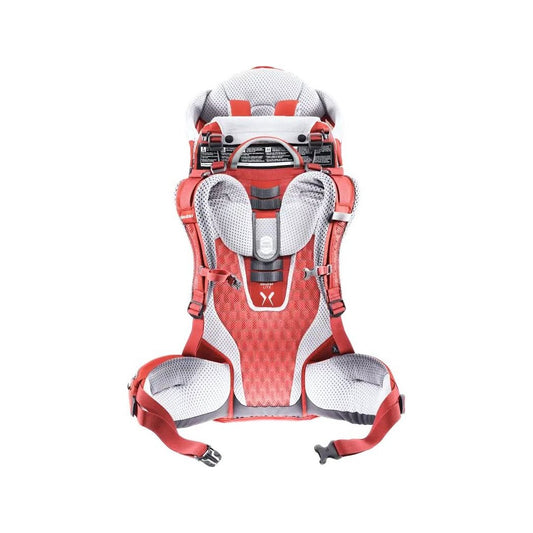 Back view of the Deuter Kid Comfort Active SL in Currant showing padded shoulder straps and a white background.