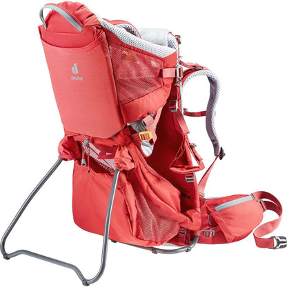 Back view of the Deuter Kid Comfort Active SL in Currant showing the metal frame and padded shoulder straps.