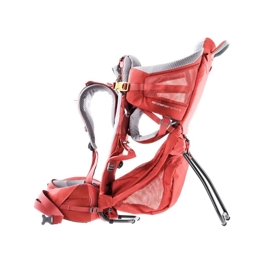 Side view of the Deuter Kid Comfort Active SL in Currant showing the mesh back panel and adjustable straps against a white background.