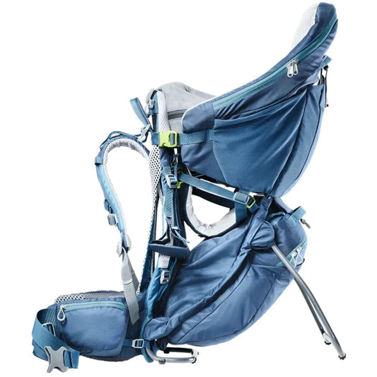 Side view of the Deuter Kid Comfort Pro in Midnight showing the child seat and adjustable straps against a white background.