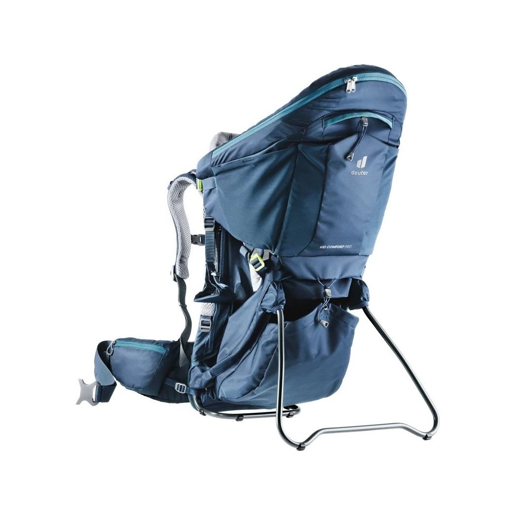 Side view of the Deuter Kid Comfort Pro in Midnight showing the padded shoulder straps and metal frame against a white background.