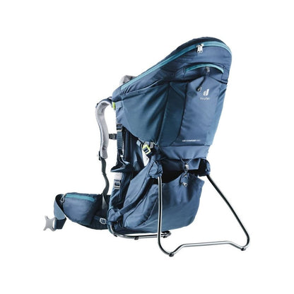 Side view of the Deuter Kid Comfort Pro in Midnight showing the padded shoulder straps and metal frame against a white background.
