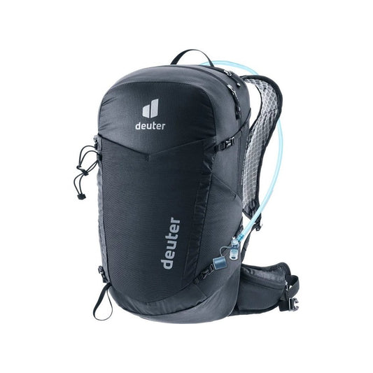 Front view of the Deuter Speed Lite Pro 23 SL - Hydro in Black showing the hydration tube and mesh back panel against a white background.