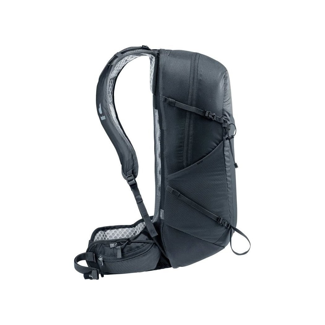 Side view of the Deuter Speed Lite Pro 23 SL - Hydro in Black showing the padded shoulder strap and zippered compartment against a white background.