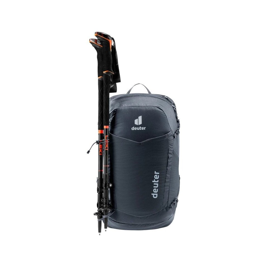Front view of the Deuter Speed Lite Pro 23 SL - Hydro in Black with trekking poles attached against a white background.