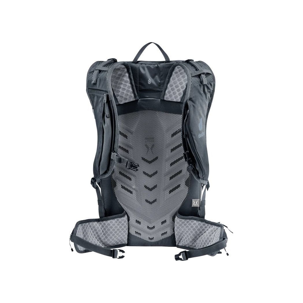 Back view of the Deuter Speed Lite Pro 23 SL - Hydro in Black showing the padded back panel and hip belt straps.
