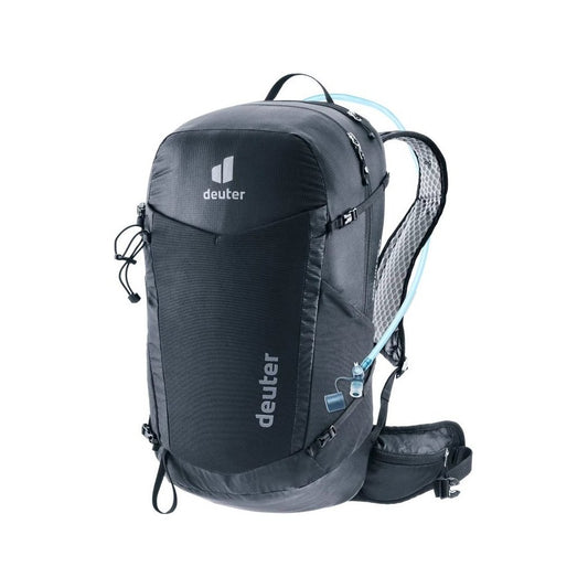 Front view of the Deuter Speed Lite Pro 25 - Hydro in Black showing the hydration tube and mesh shoulder straps against a white background.