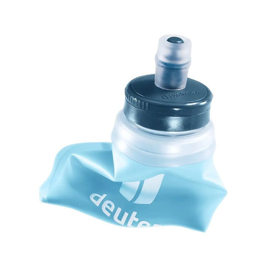 Close-up of the Deuter Streamer Flask LP 250 ml in Hydra Blue showing its collapsible design and black cap against a white background.