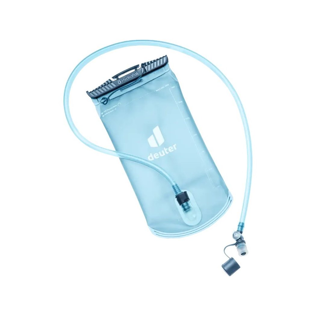 Front view of the Deuter Streamer II 1.5 L in Hydrablue with a drinking tube and bite valve against a white background.