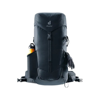 Front view of the Deuter Telatie 24 SL in Ashrose Cassis with a water bottle in the side pocket against a white background.