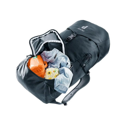 Front view of the Deuter Telatie 24 SL in Ashrose Cassis showing its open main compartment with packed items against a white background.