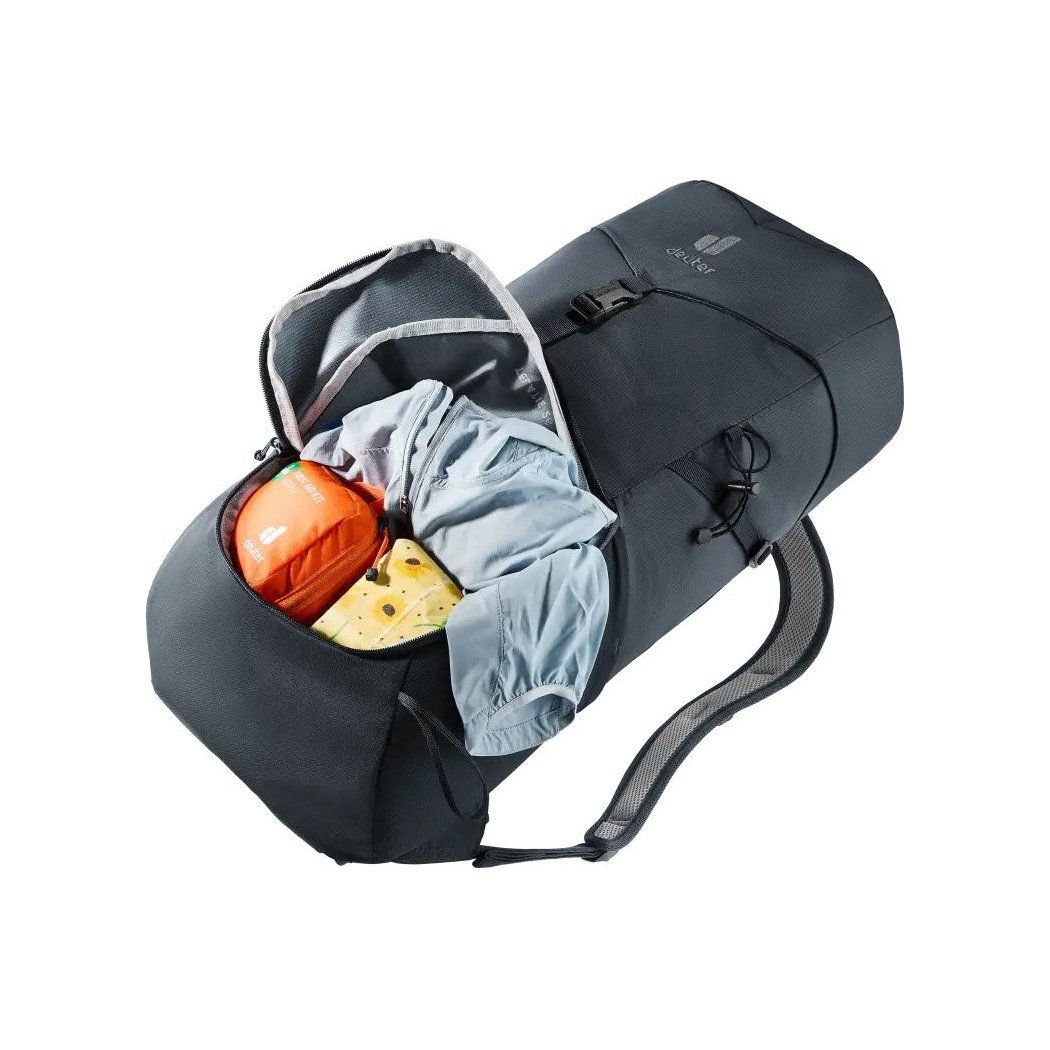 Front view of the Deuter Telatie 26 in Baltic Nightblu showing its open main compartment with gear inside against a white background.