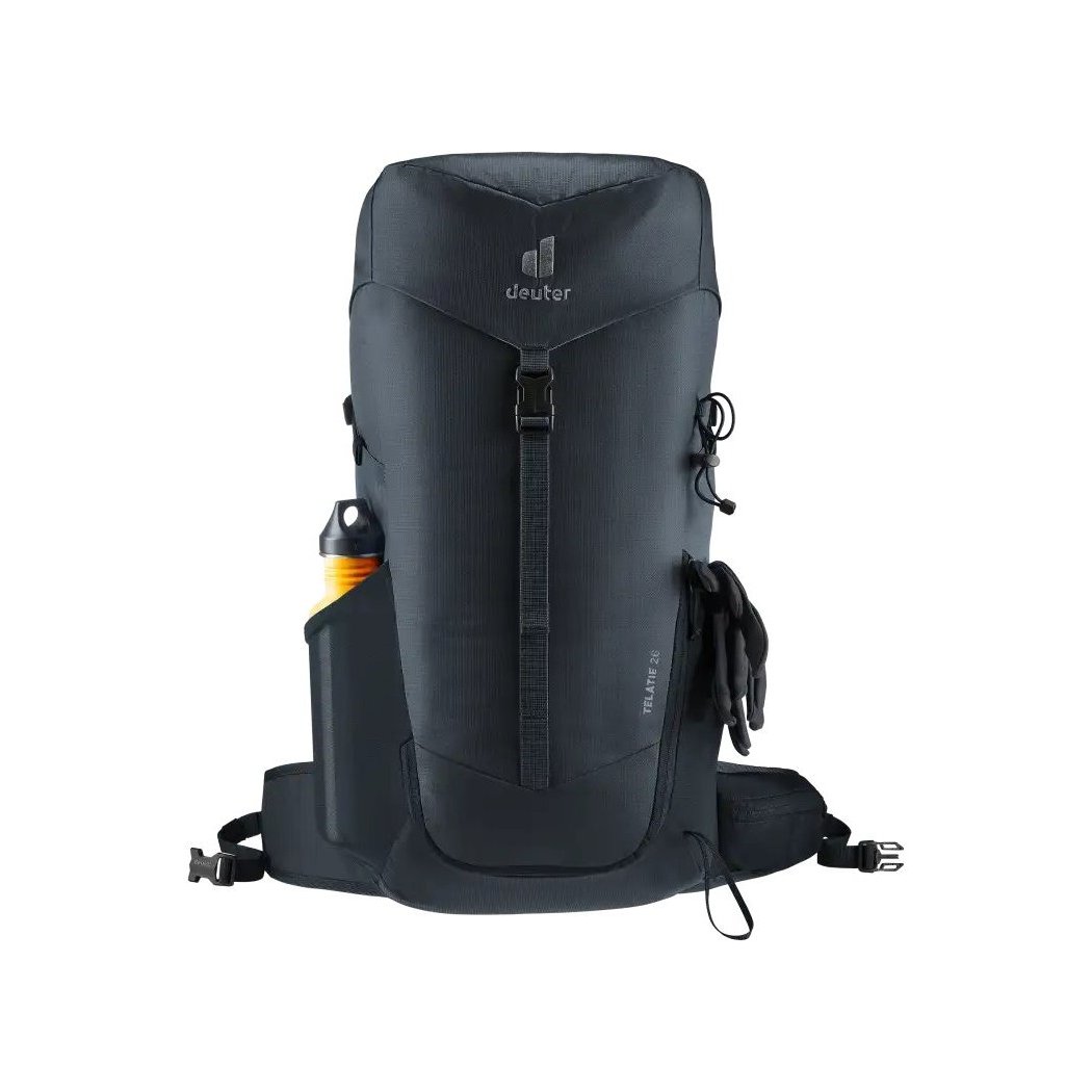Front view of the Deuter Telatie 26 in Baltic Nightblu showing the side water bottle pocket and straps against a white background.