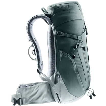Side view of the Deuter Trail 16 SL backpack in Teal Tin showing padded shoulder straps and a white background.