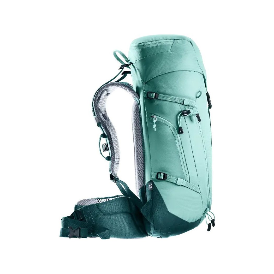 Side view of the Deuter Trail 28 SL in Glacier Deep Se showing the padded shoulder straps and white background.