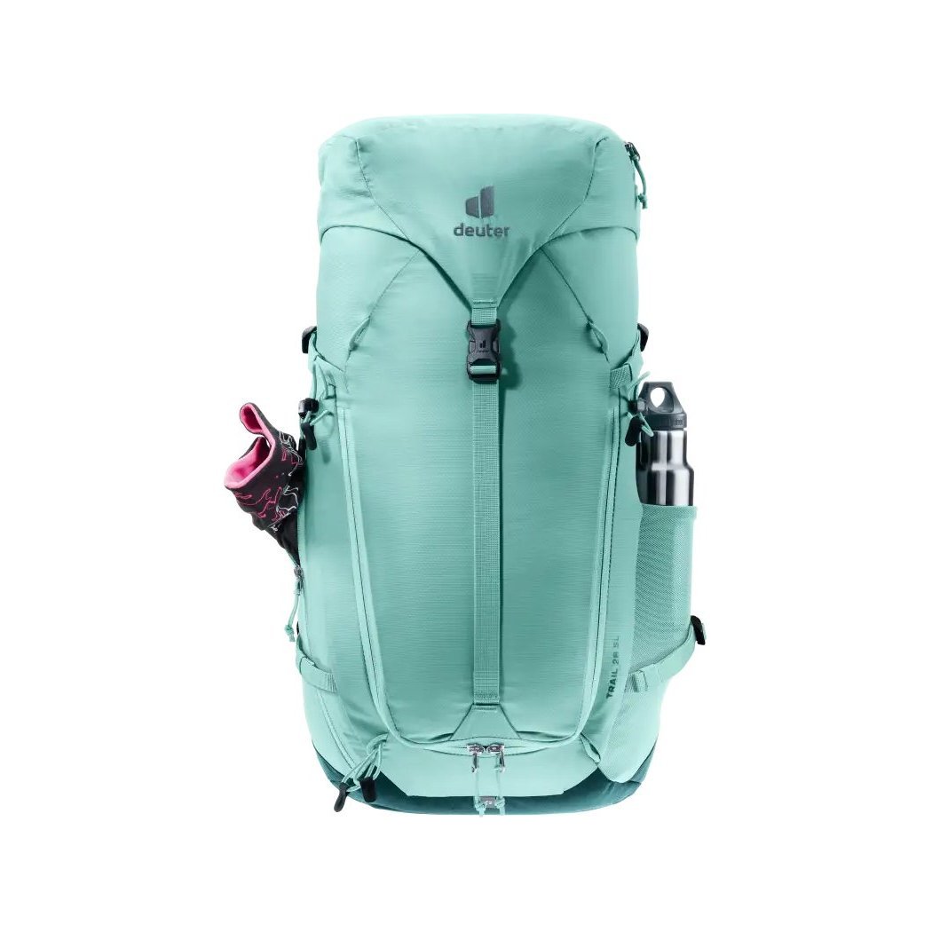Front view of the Deuter Trail 28 SL in Glacier Deep Se with a water bottle and shoe pocket visible against a white background.