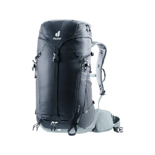 Front view of the Deuter Trail 30 in Black Shale showing the padded shoulder straps and white background.