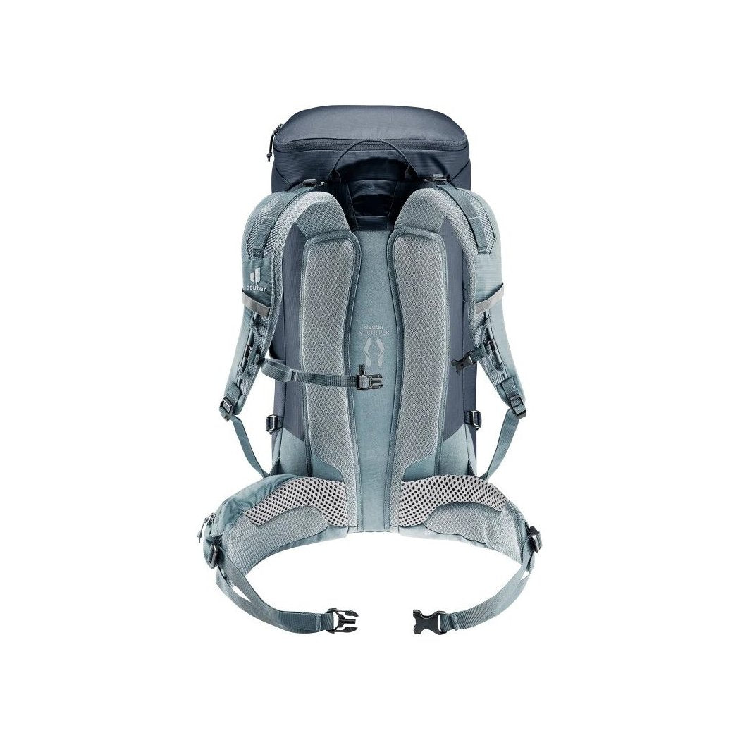 Back view of the Deuter Trail 30 in Black Shale showing padded back panel and hip belt straps against a white background.