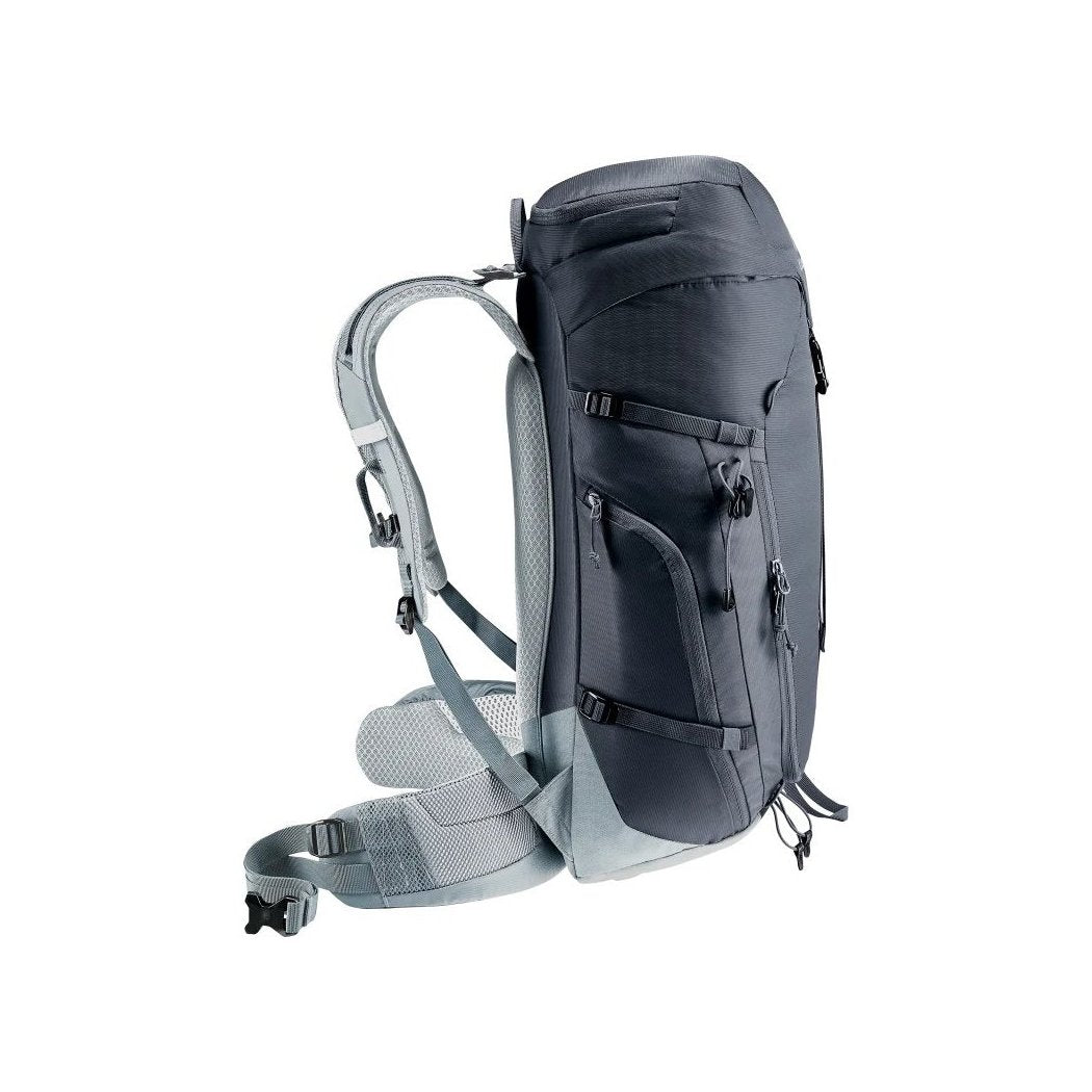 Side view of the Deuter Trail 30 in Black Shale showing the padded shoulder straps and multiple compartments against a white background.
