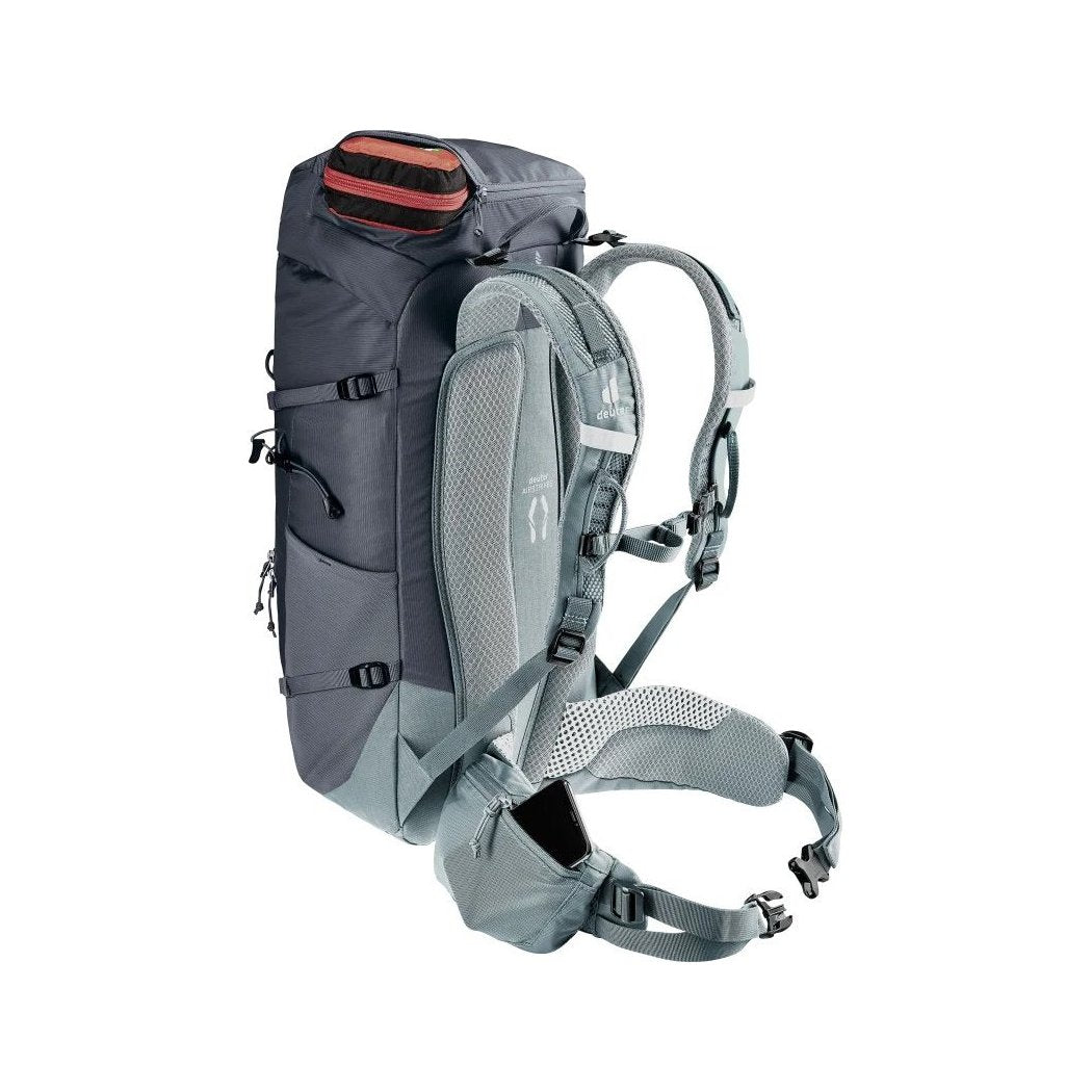 Side view of the Deuter Trail 30 in Black Shale showing padded shoulder straps and a white background.