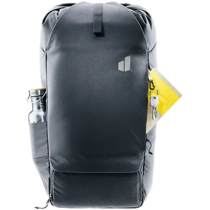 Back view of the Deuter Utilion 30 black backpack showing a water bottle pocket and a yellow tag with keys on the side.