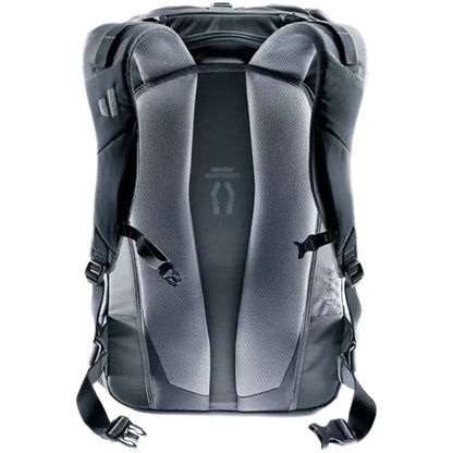 Back view of the Deuter Utilion 34+5 backpack in Black showing the padded back panel and shoulder straps against a white background.