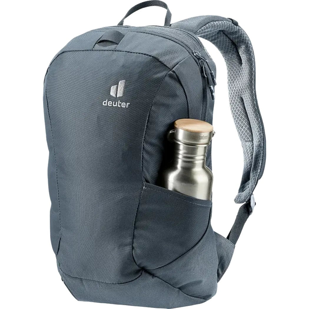 Side view of the Deuter Voyager 60+10 SL in Black showing the front pocket with a water bottle against a white background.