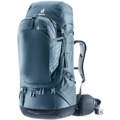 Side view of the Deuter Voyager 65+10 in Atlantic Ink showing the front pocket and shoulder straps against a white background.