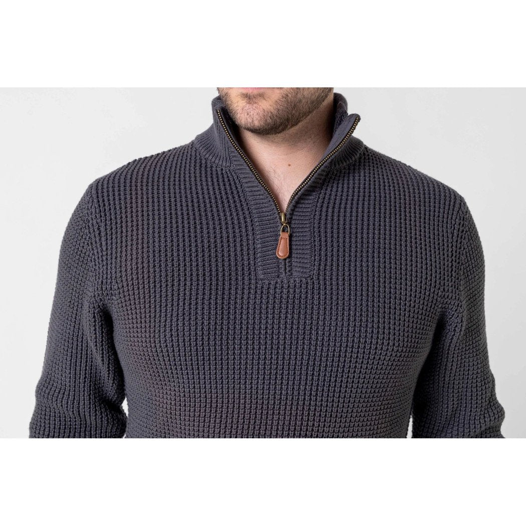 Front view of the Dkota Grizzly Men's Angelo in Smokestack showing the half-zip collar and textured knit against a plain background.
