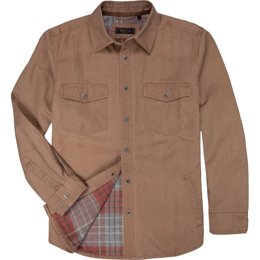 Front view of the Dkota Grizzly Men's Blaize in Bark showing the buttoned front and plaid lining.