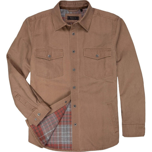 Front view of the Dkota Grizzly Men's Blaize in Bark showing the buttoned front and plaid lining.
