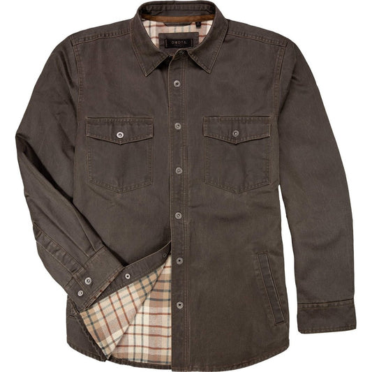 Front view of the Dkota Grizzly Men's Blaize in Bark showing the plaid lining and buttoned chest pockets.