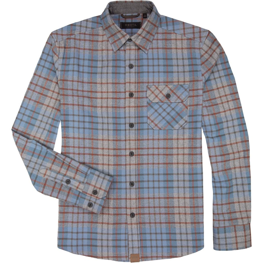 Front view of the Dkota Grizzly Men's Brock in Maple Forge showing the plaid pattern and buttoned chest pocket.