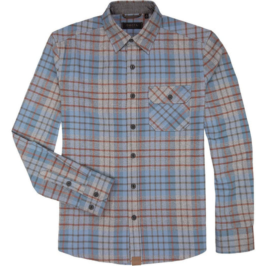 Front view of the Dkota Grizzly Men's Brock in Maple Forge showing the plaid pattern and buttoned chest pocket.
