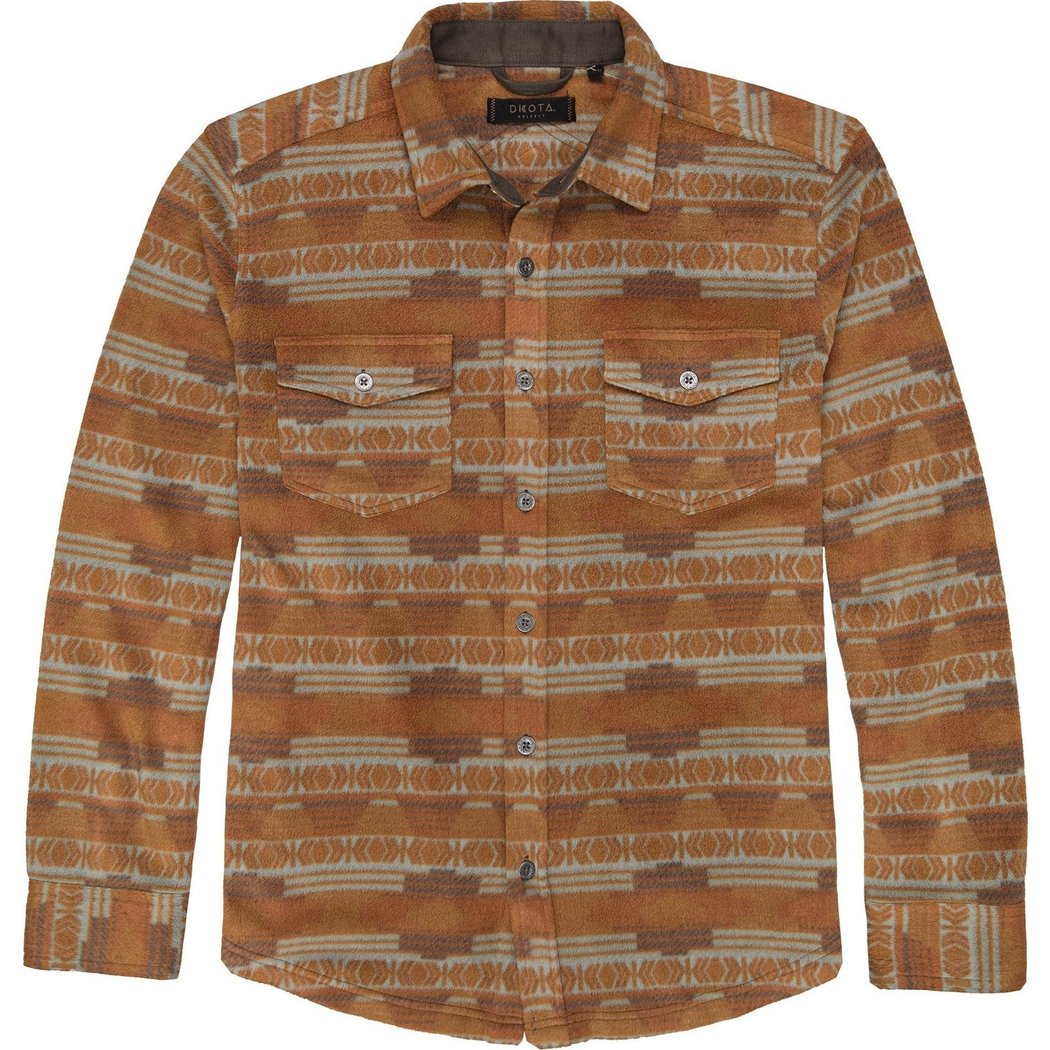 Front view of the Dkota Grizzly Men's Crockett in Redwood Earth showing the button-up front and chest pockets.