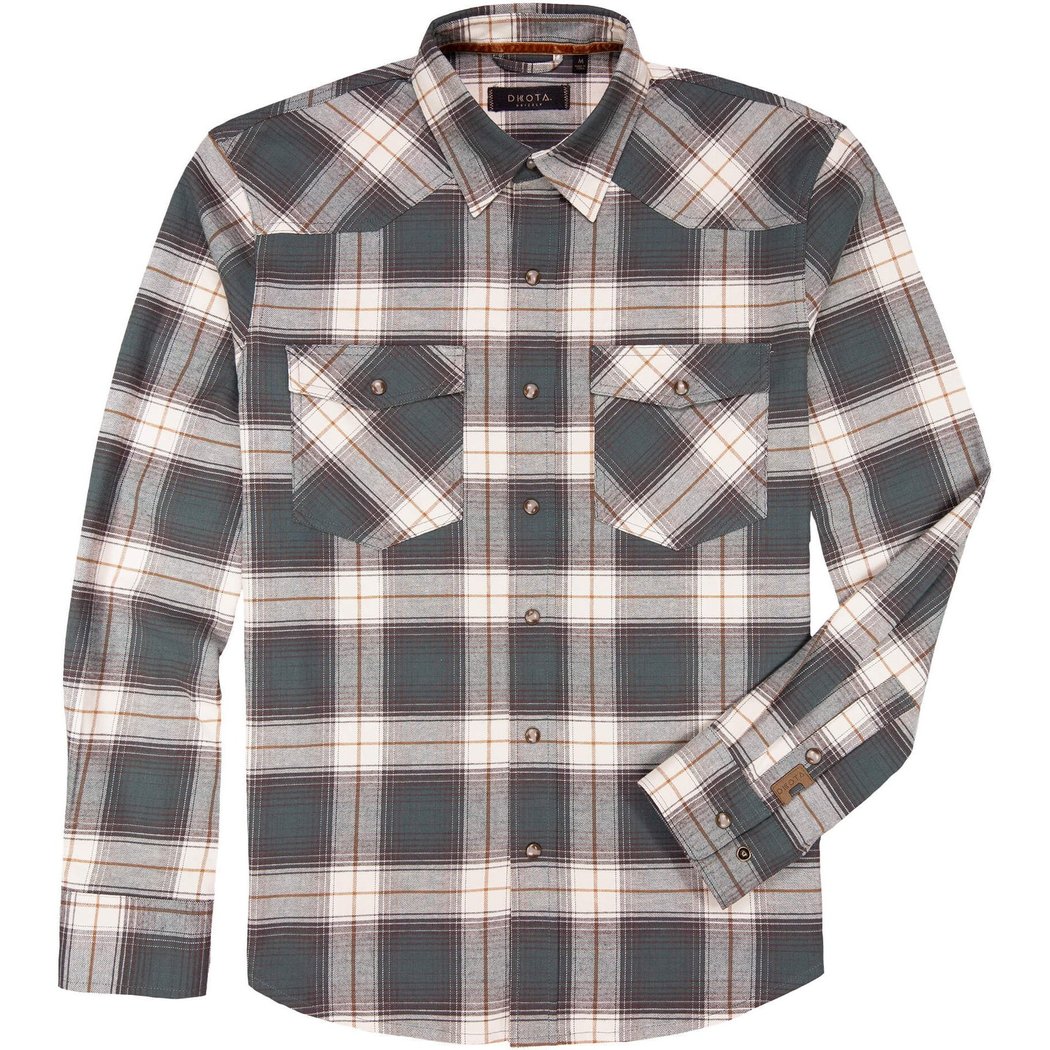 Front view of the Dkota Grizzly Men's Dutton in Hunting Fern showing the plaid pattern and buttoned chest pockets.