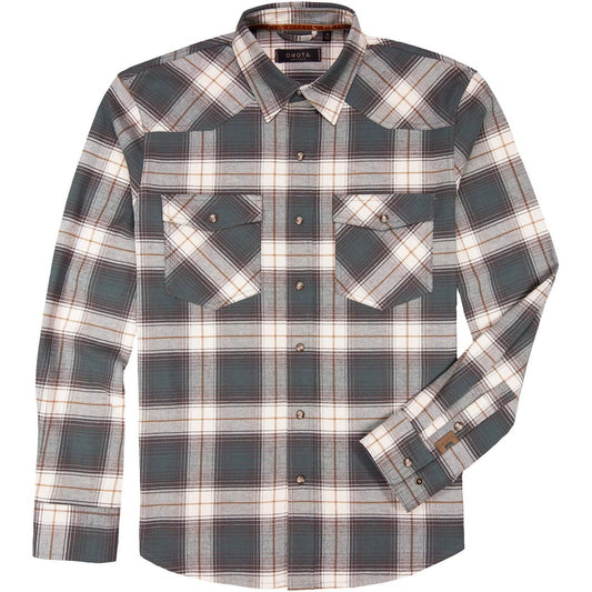 Front view of the Dkota Grizzly Men's Dutton in Hunting Fern showing the plaid pattern and buttoned chest pockets.