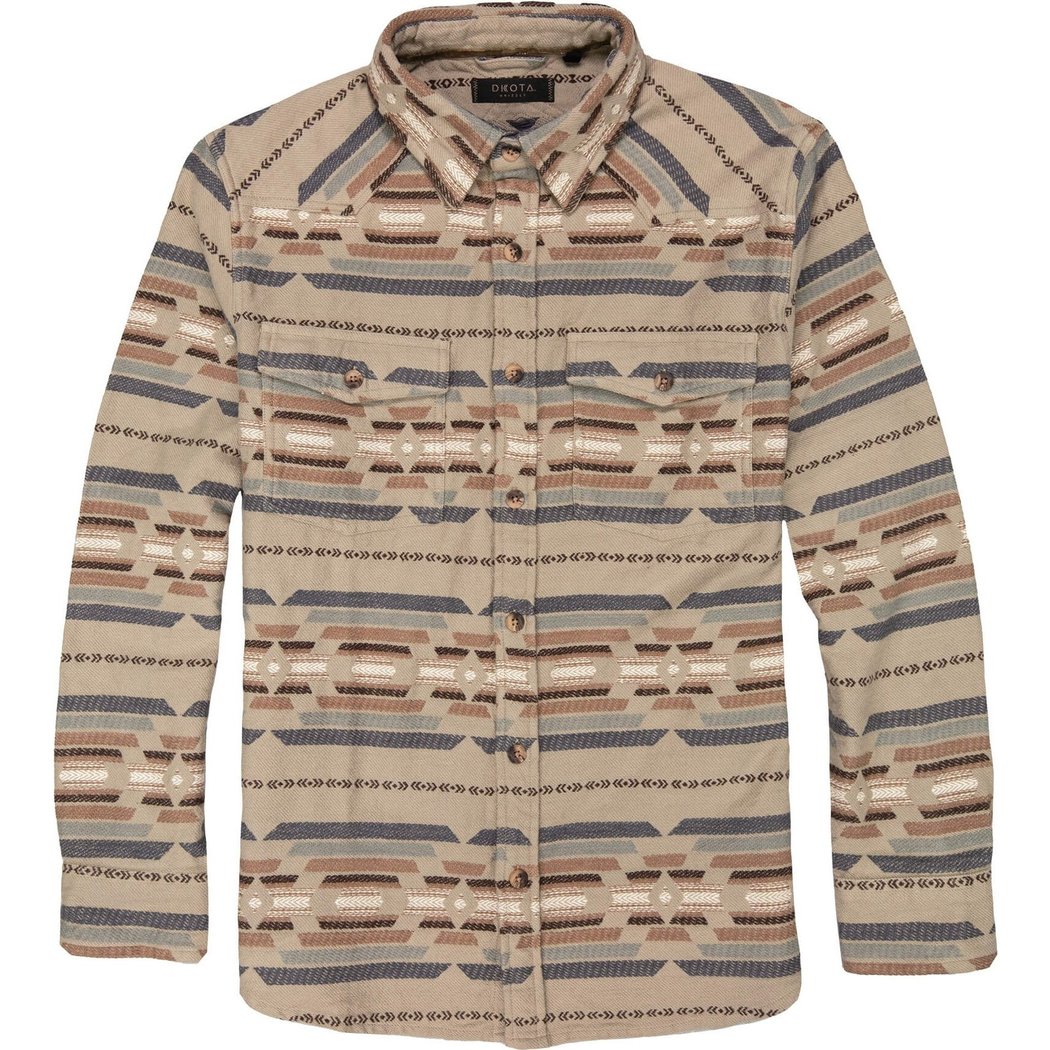 Front view of the Dkota Grizzly Men's Harrison in Desert Ingigo showing the button-up front and chest pockets.