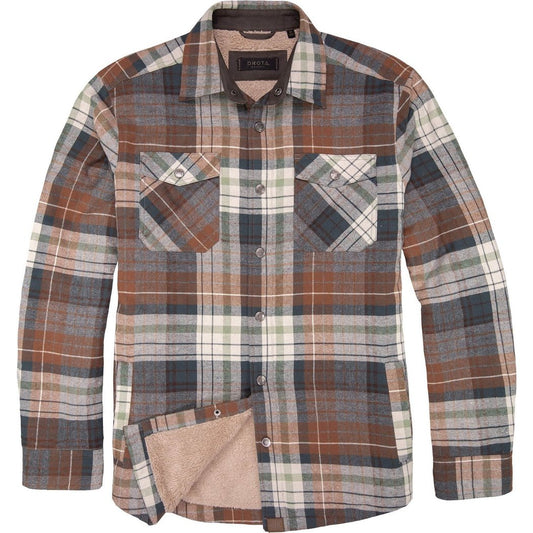 Front view of the Dkota Grizzly Men's Ivan in Campfire Ash showing the plaid pattern and buttoned chest pockets.