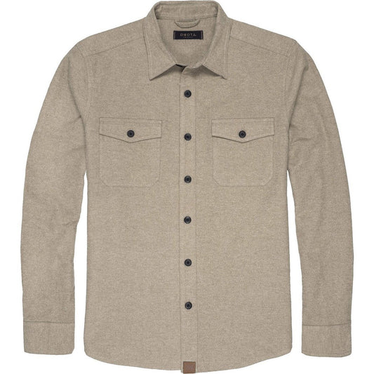 Front view of the Dkota Grizzly Men's Major in Ash Bark showing buttoned chest pockets and a collared design.