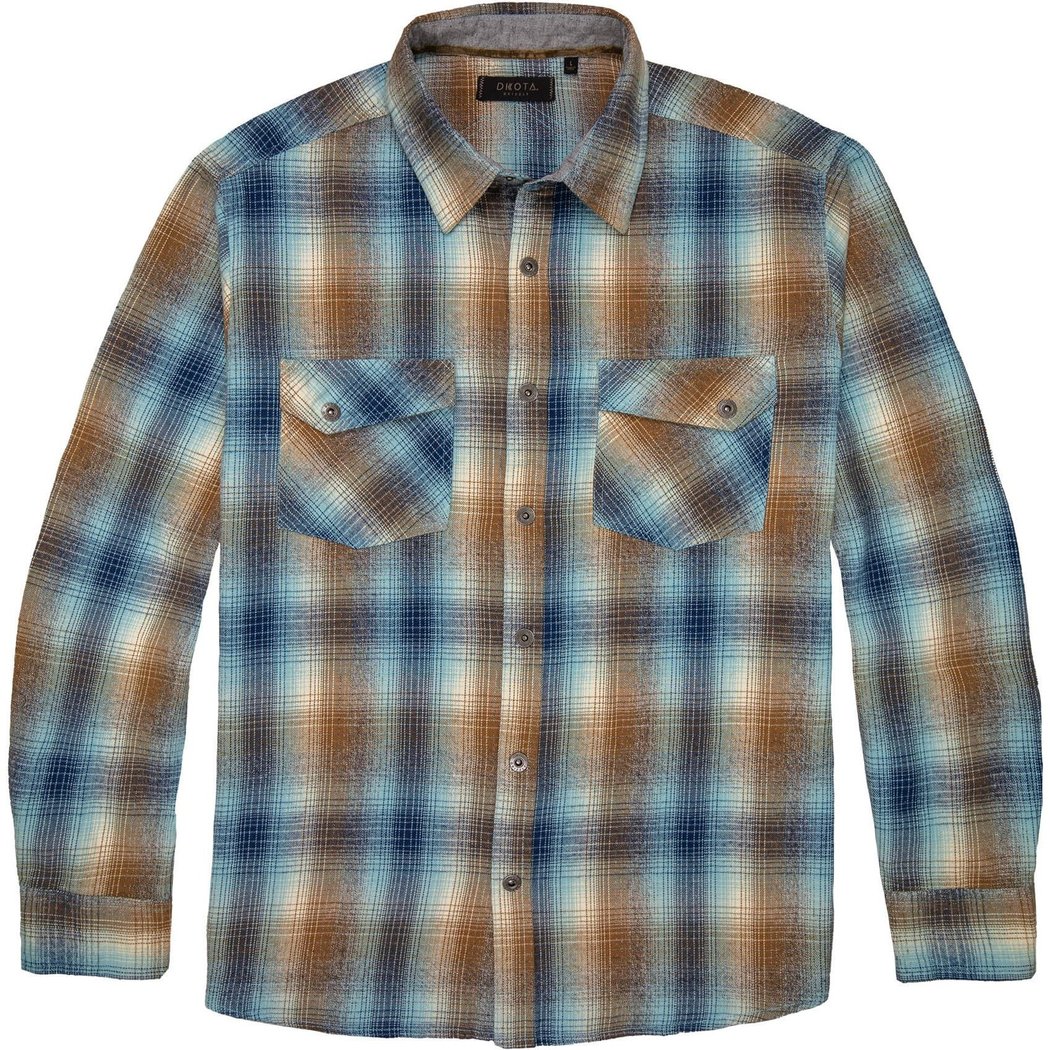 Front view of the Dkota Grizzly Men's Riley in Alpine Stream showing the plaid pattern and two chest pockets.